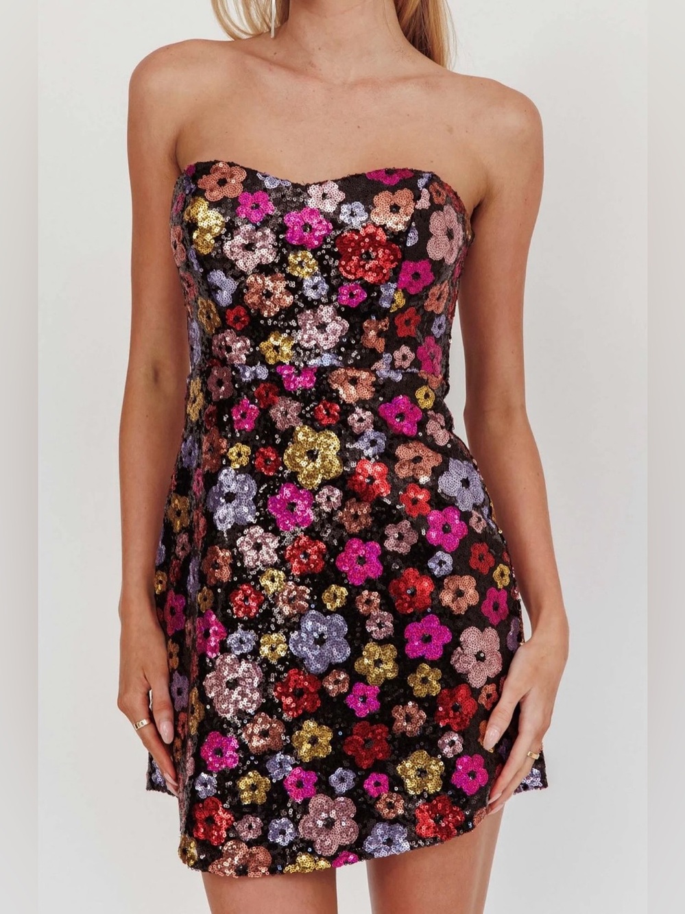 Angel Biba NWT Strapless Sequin Multicolor Floral Mini Dress M - Picture 1 of 14